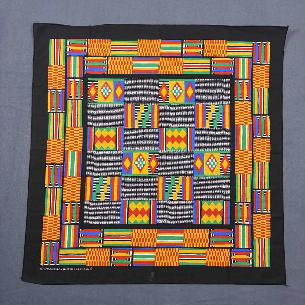 Vintage Kente Inspired African Print Bandana 21" Made in USA Red Green Blue